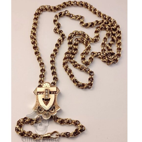 Solid 14k Gold Victorian Slide Necklace | Seed Pearl & Enamel | 30" Handmade - Picture 3 of 10